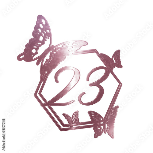 3d illustration number 23 rose gold with butterflies birthday photo