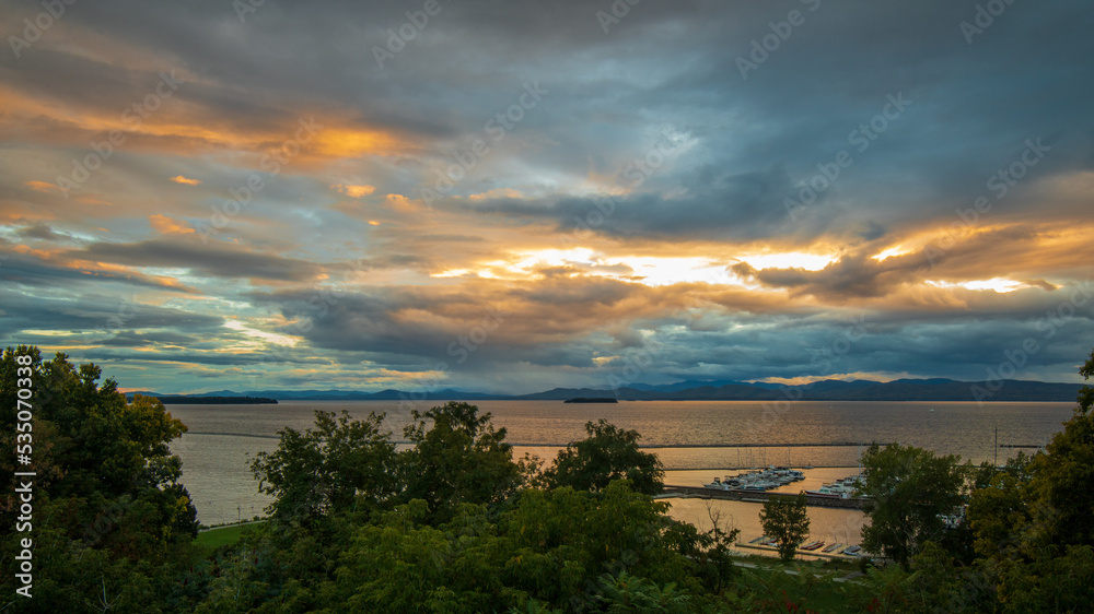 Blue and orange sunset over Lake Champlain