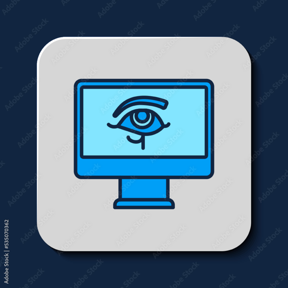 Filled outline Eye of Horus on monitor icon isolated on blue background. Ancient Egyptian goddess Wedjet symbol of protection, royal power and good health. Vector Filled outline Eye of Horus on monitor icon isolated on blue background. Ancient Egyptian goddess Wedjet symbol of protection, royal power and good health. Vector