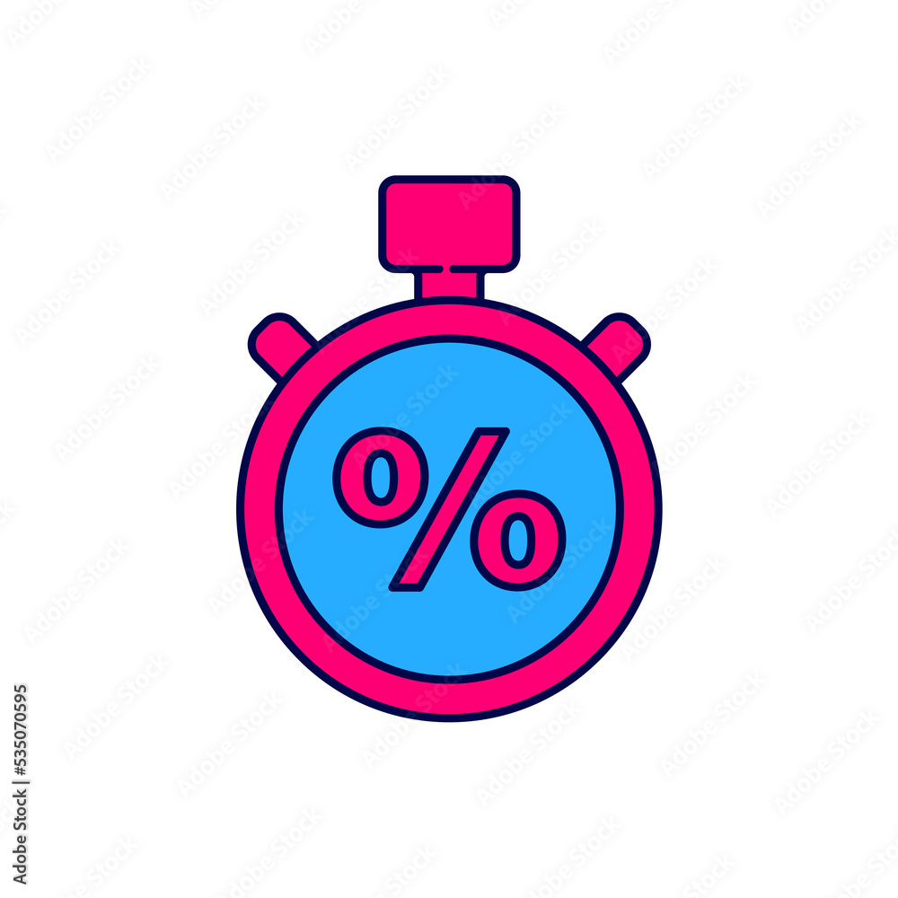 Filled outline Stopwatch and percent icon isolated on white background. Time timer sign. Vector Filled outline Stopwatch and percent icon isolated on white background. Time timer sign. Vector