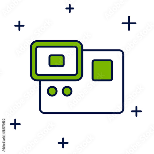Filled outline Action extreme camera icon isolated on white background. Video camera equipment for filming extreme sports. Vector