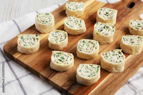 Homemade Pinwheel Tortilla Appetizers with Bacon, Spinach, Green Onion and Cream Cheese