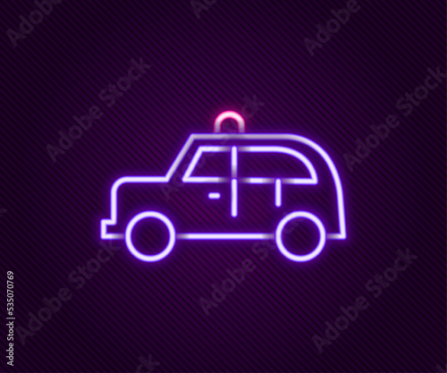 Glowing neon line Taxi car icon isolated on black background. Colorful outline concept. Vector
