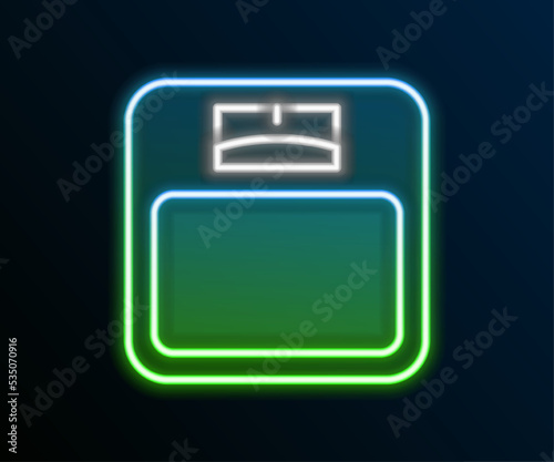 Glowing neon line Bathroom scales icon isolated on black background. Weight measure Equipment. Weight Scale fitness sport concept. Colorful outline concept. Vector