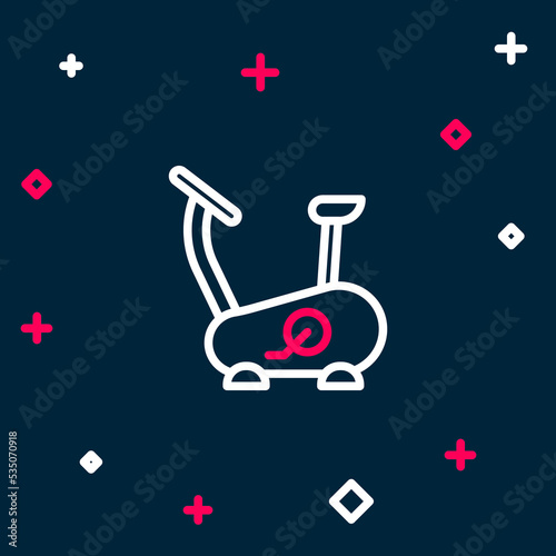 Line Stationary bicycle icon isolated on blue background. Exercise bike. Colorful outline concept. Vector