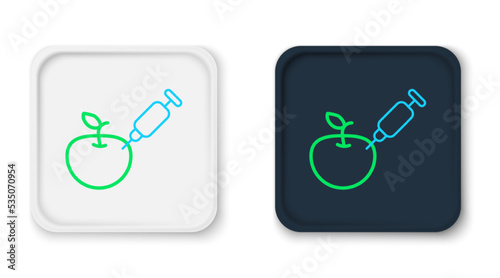Line Genetically modified apple icon isolated on white background. GMO fruit. Syringe being injected to apple. Colorful outline concept. Vector