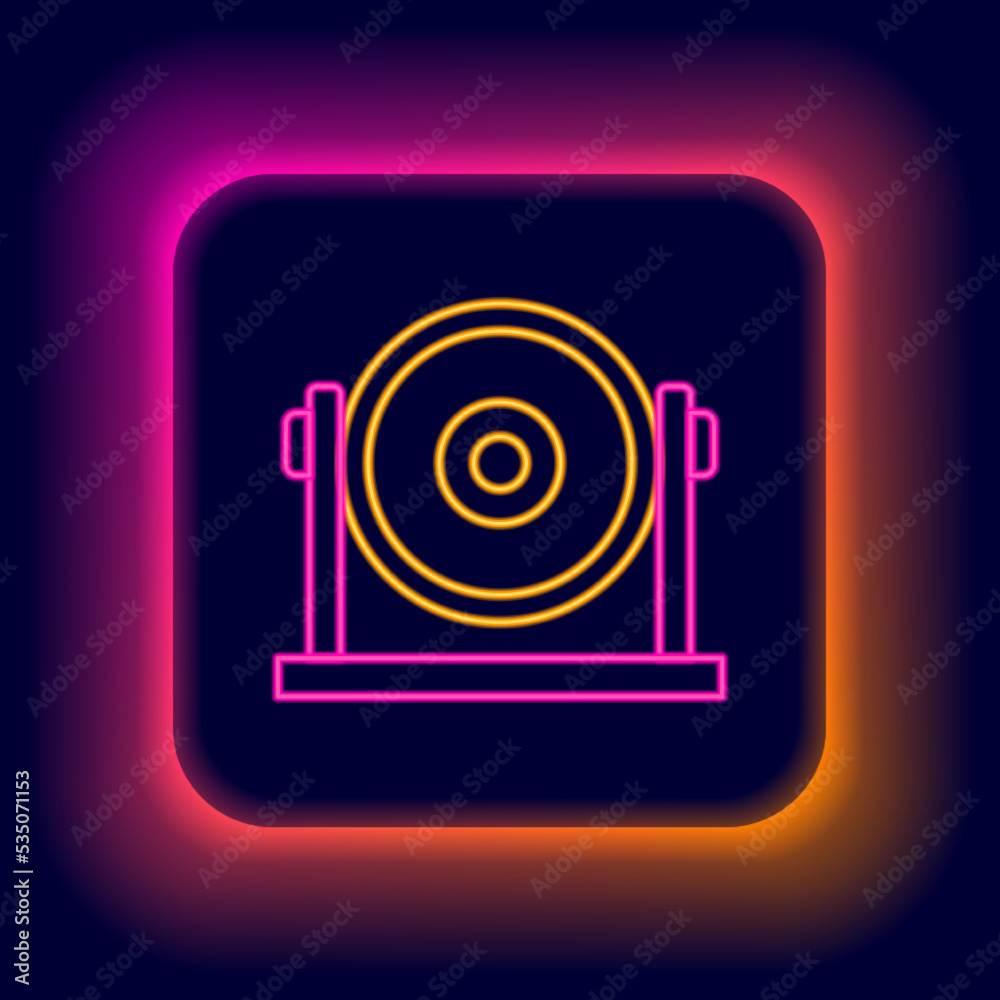 Glowing neon line Gong musical percussion instrument circular metal disc icon isolated on black background. Colorful outline concept. Vector Glowing neon line Gong musical percussion instrument circular metal disc icon isolated on black background. Colorful outline concept. Vector