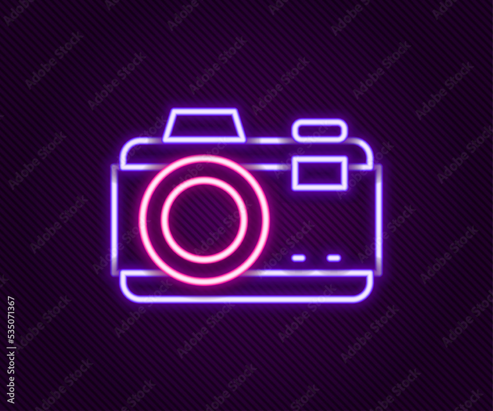 Glowing neon line Photo camera icon isolated on black background. Foto camera. Digital photography. Colorful outline concept. Vector Glowing neon line Photo camera icon isolated on black background. Foto camera. Digital photography. Colorful outline concept. Vector