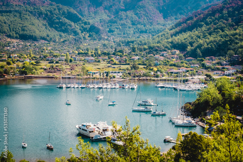 Yacht club about Orhaniye village and Kizkumu beach, on Bozburun peninsula near Marmaris resort town in Turkey.