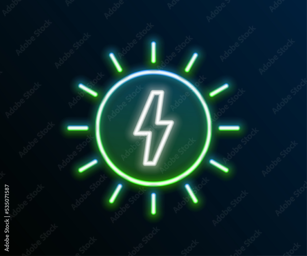 Fototapeta premium Glowing neon line Solar energy panel icon isolated on black background. Sun with lightning symbol. Colorful outline concept. Vector