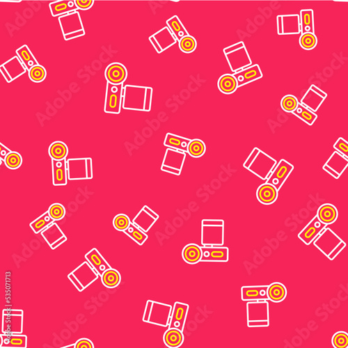 Line Cinema camera icon isolated seamless pattern on red background. Video camera. Movie sign. Film projector. Vector