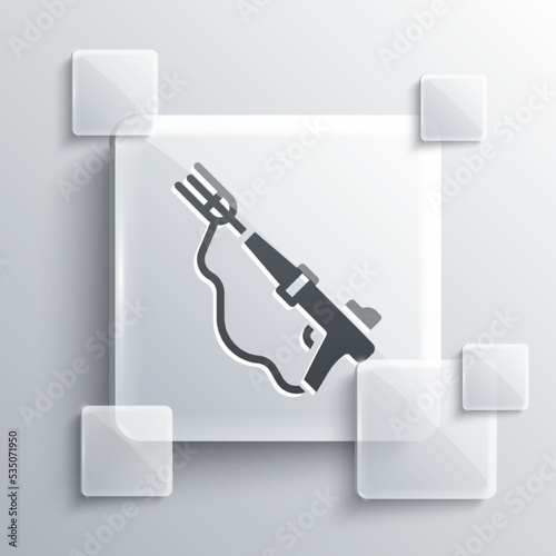 Grey Fishing harpoon icon isolated on grey background. Fishery manufacturers for catching fish under water. Diving underwater equipment. Square glass panels. Vector