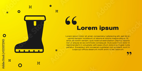 Black Waterproof rubber boot icon isolated on yellow background. Gumboots for rainy weather, fishing, gardening. Vector