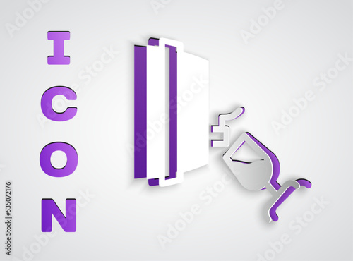 Paper cut Wine tasting, degustation icon isolated on grey background. Wooden barrel for wine with glass. Paper art style. Vector