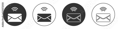 Black Mail and e-mail icon isolated on white background. Envelope symbol e-mail. Email message sign. Circle button. Vector