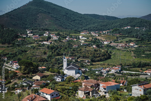 View of the village and church in the hills of the Douro Valley, Portugal. © De Visu