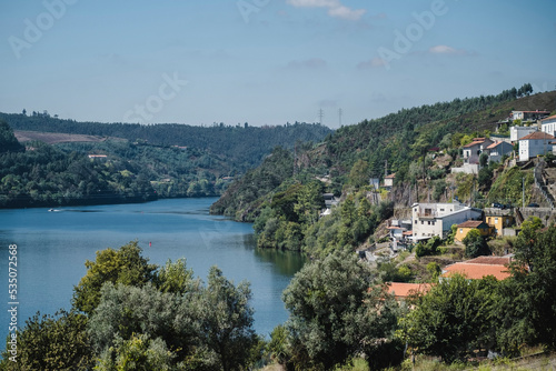 View of a village and the Douro River in the Douro Valley, Portugal.