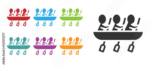 Black Canoe rowing team sports icon isolated on white background. Three athletes with oars rowing in boat. Teamwork concept. Set icons colorful. Vector