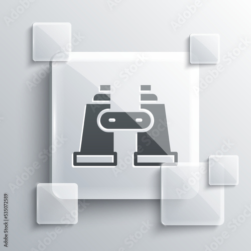 Grey Binoculars icon isolated on grey background. Find software sign. Spy equipment symbol. Square glass panels. Vector