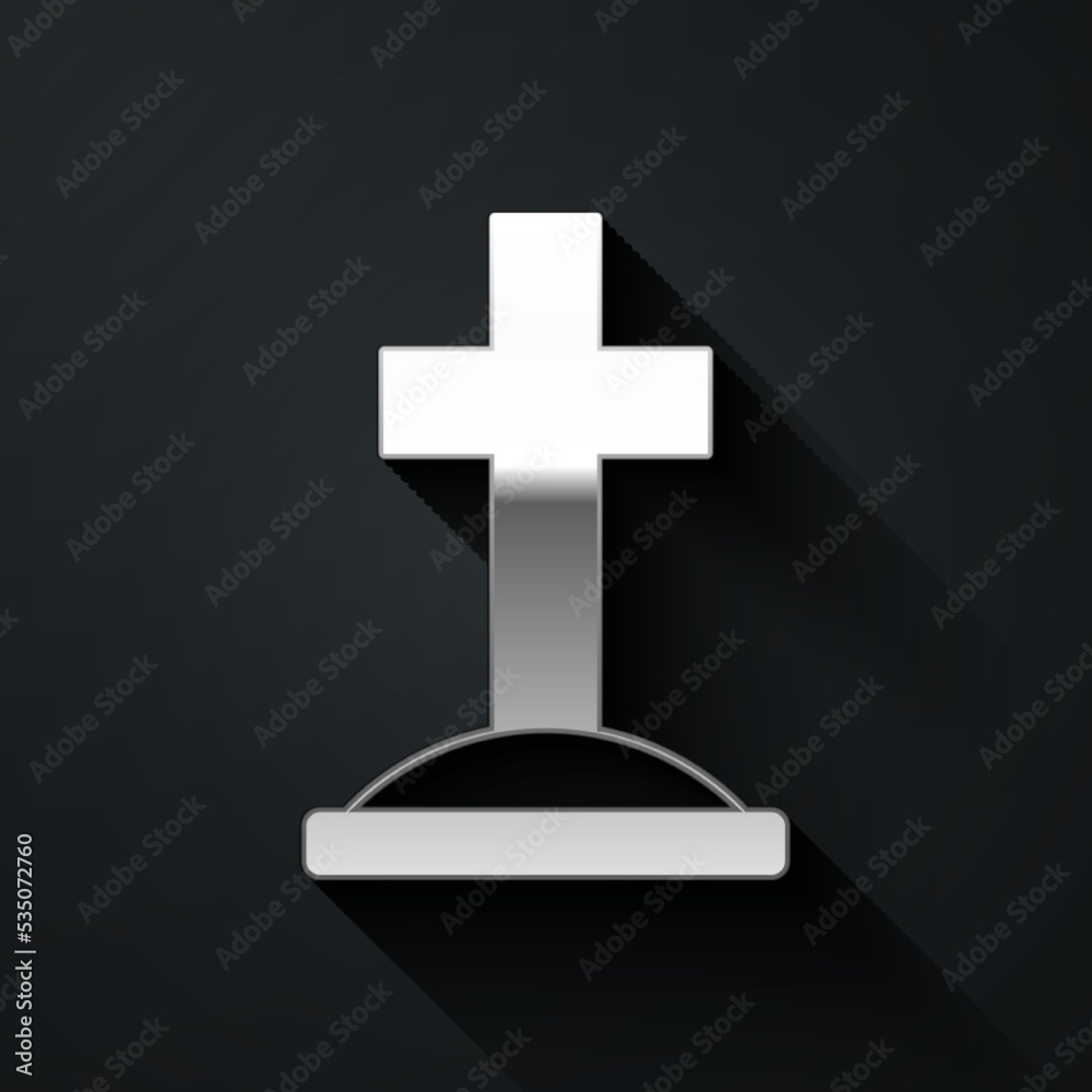 Obraz premium Silver Grave with cross icon isolated on black background. Long shadow style. Vector