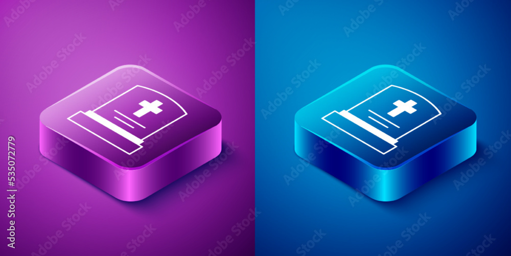 Isometric Grave with tombstone icon isolated on blue and purple background. Square button. Vector