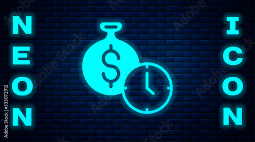 Glowing neon Time is money icon isolated on brick wall background. Money is time. Effective time management. Convert time to money. Vector