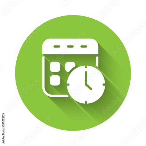 White Calendar and clock icon isolated with long shadow background. Schedule, appointment, organizer, timesheet, time management. Green circle button. Vector