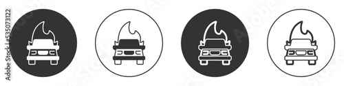Black Burning car icon isolated on white background. Insurance concept. Car on fire. Broken auto covered with fire and smoke. Circle button. Vector