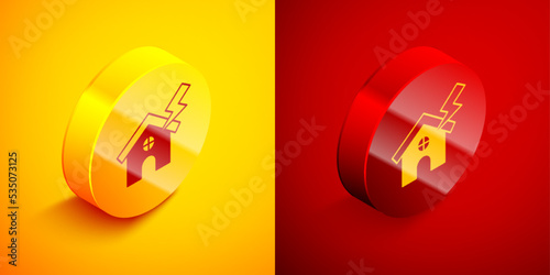 Free Download Isometric House and lightning icon isolated on orange and red background. House with thunderbolt for house or property insurance symbol. Circle button. Vector - GFXLoad