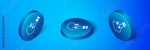 Isometric Genetically modified apple icon isolated on blue background. GMO fruit. Syringe being injected to apple. Blue circle button. Vector