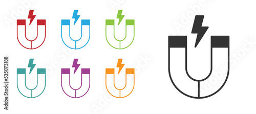 Black Magnet icon isolated on white background. Horseshoe magnet, magnetism, magnetize, attraction. Set icons colorful. Vector