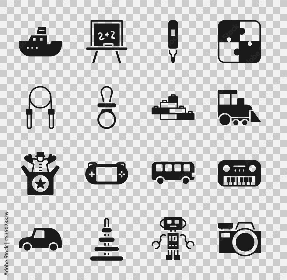 Set Photo camera, Toy piano, train, Marker pen, Baby dummy pacifier, Jump rope, boat and building block bricks icon. Vector Set Photo camera, Toy piano, train, Marker pen, Baby dummy pacifier, Jump rope, boat and building block bricks icon. Vector