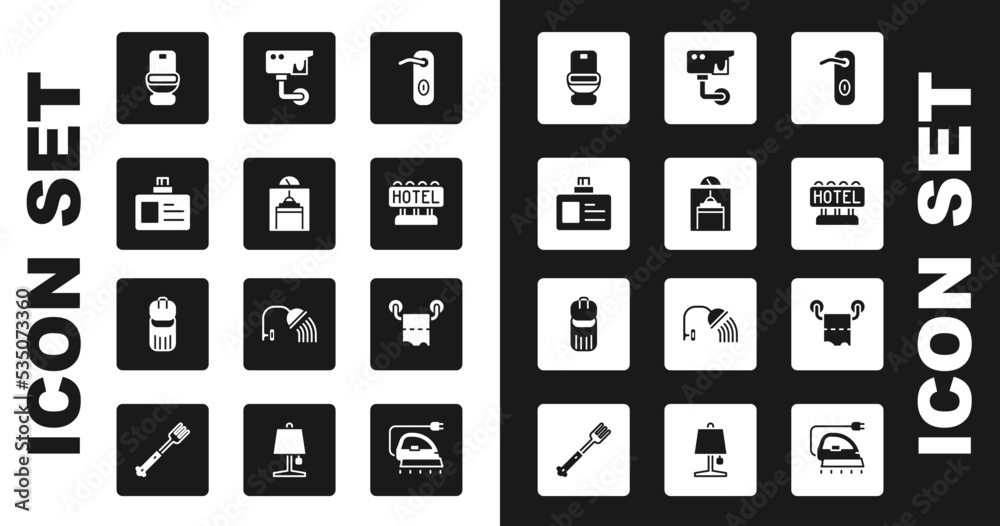 Set Door handle, Lift, Identification badge, Toilet bowl, Signboard with text Hotel, Security camera, paper roll and Trash can icon. Vector Set Door handle, Lift, Identification badge, Toilet bowl, Signboard with text Hotel, Security camera, paper roll and Trash can icon. Vector
