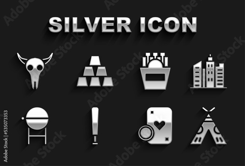 Set Baseball bat, City landscape, Indian teepee or wigwam, Casino chip playing cards, Barbecue grill, Potatoes french fries box, Buffalo skull and Gold bars icon. Vector