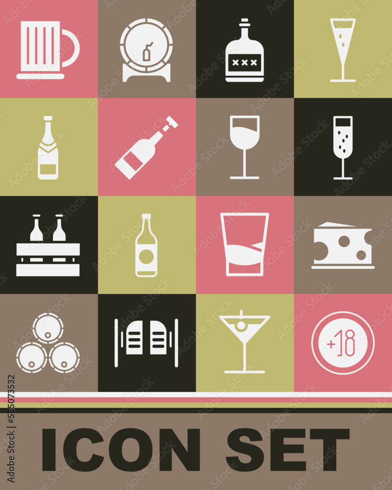 Set Alcohol 18 plus, Cheese, Glass of champagne, drink Rum bottle, Opened wine, Champagne, Wooden beer mug and Wine glass icon. Vector Set Alcohol 18 plus, Cheese, Glass of champagne, drink Rum bottle, Opened wine, Champagne, Wooden beer mug and Wine glass icon. Vector