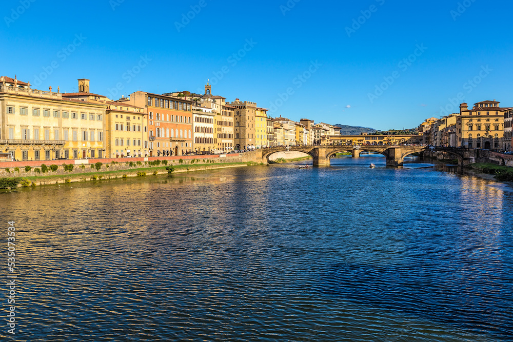 Florence, Italy. Scenic view of the bridges across the river Arno Santa Trinity and Ponte Vecchio