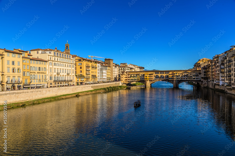 Florence, Italy. View of the Arno river and the Ponte Vecchio bridge