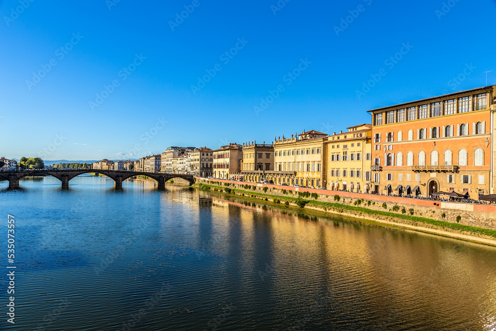 Florence, Italy. Scenic view of the promenade and Ponte alla Carraia bridge