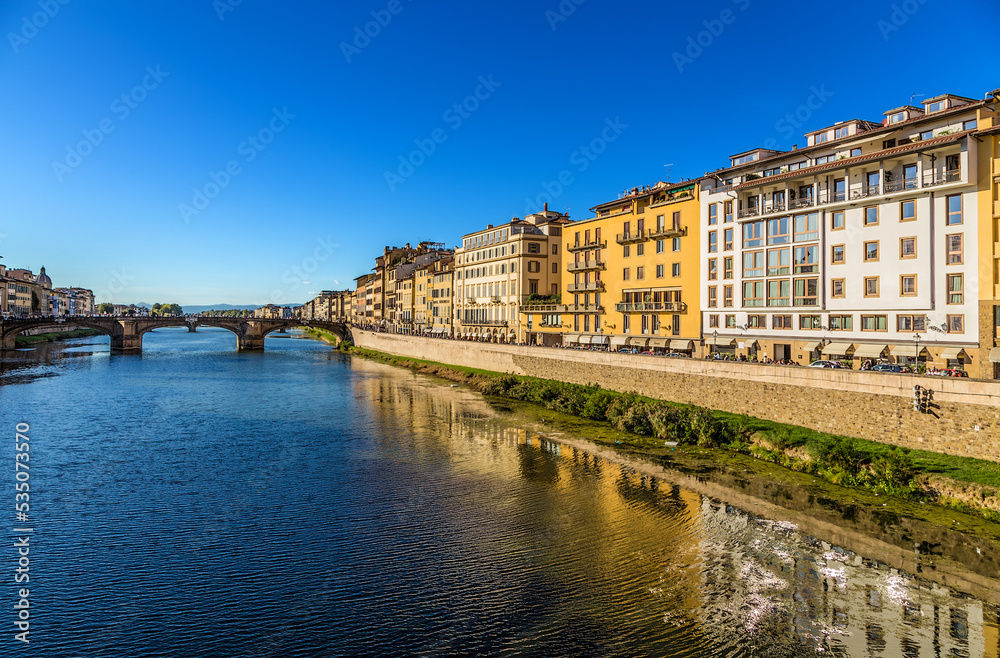 Florence, Italy. Picturesque view of the embankment of the river Arno and the bridge of Santa Trinita (Holy Trinity), 1569