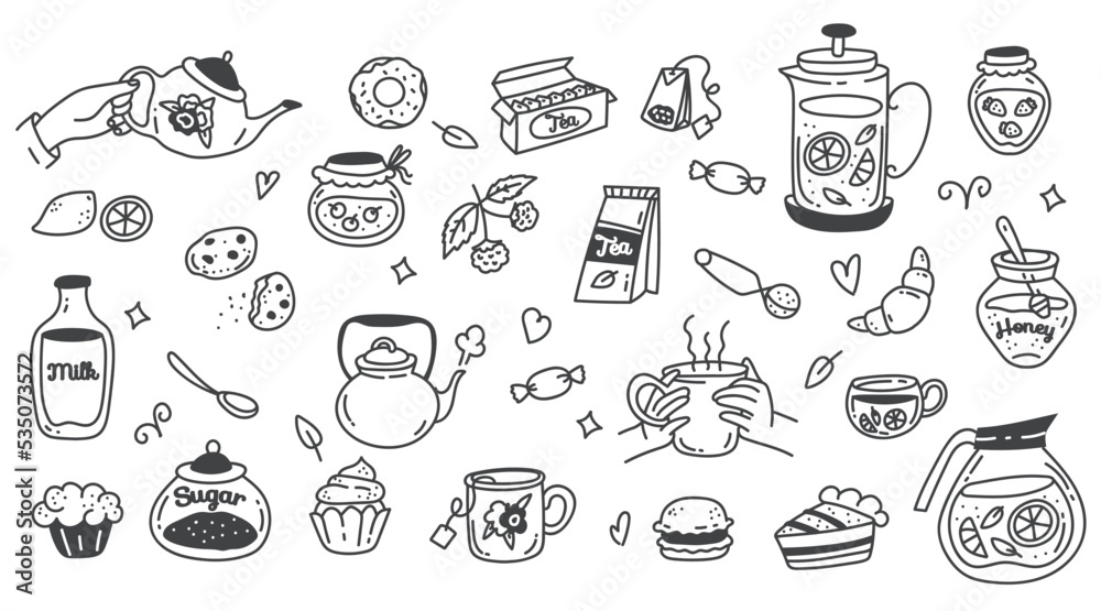 Tea time cake party cafe sweet food line art outline isolated design element illustration set