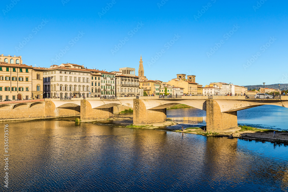 Florence, Italy. Scenic view of the Arno embankment and the Ponte alle Grazie bridge
