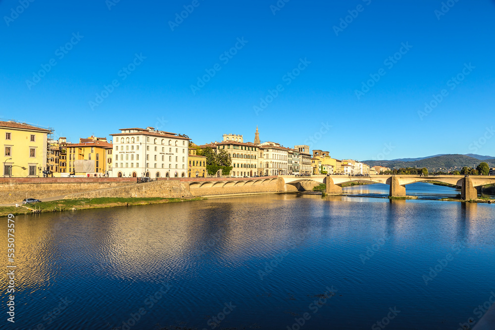 Florence, Italy. Embankment of the Arno river and the Ponte alle Grazie bridge