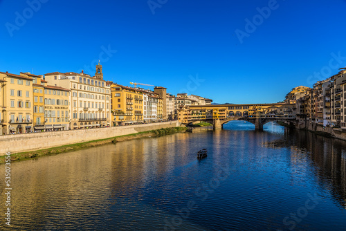 Florence, Italy. View of the Arno river and the Ponte Vecchio bridge