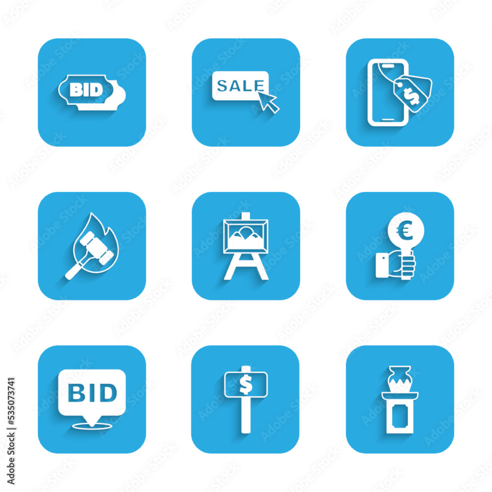 Set Auction painting, Hand holding auction paddle, ancient vase, Bid, hammer, Online and icon. Vector Set Auction painting, Hand holding auction paddle, ancient vase, Bid, hammer, Online and icon. Vector