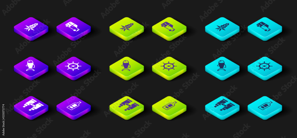 Set Binoculars, Bottle of vodka, Fish, Ship steering wheel, Car and Lupine flower icon. Vector Set Binoculars, Bottle of vodka, Fish, Ship steering wheel, Car and Lupine flower icon. Vector
