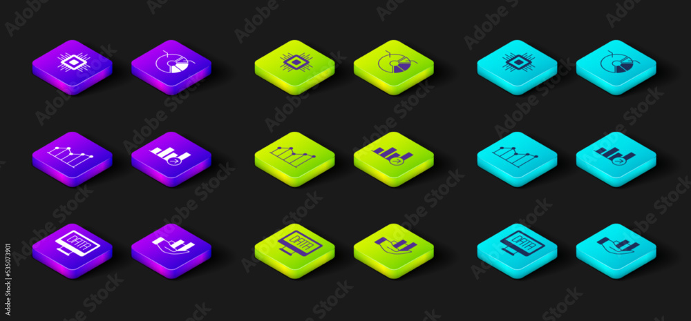 Set Data analysis, Pie chart infographic, Financial growth, and Processor CPU icon. Vector Set Data analysis, Pie chart infographic, Financial growth, and Processor CPU icon. Vector