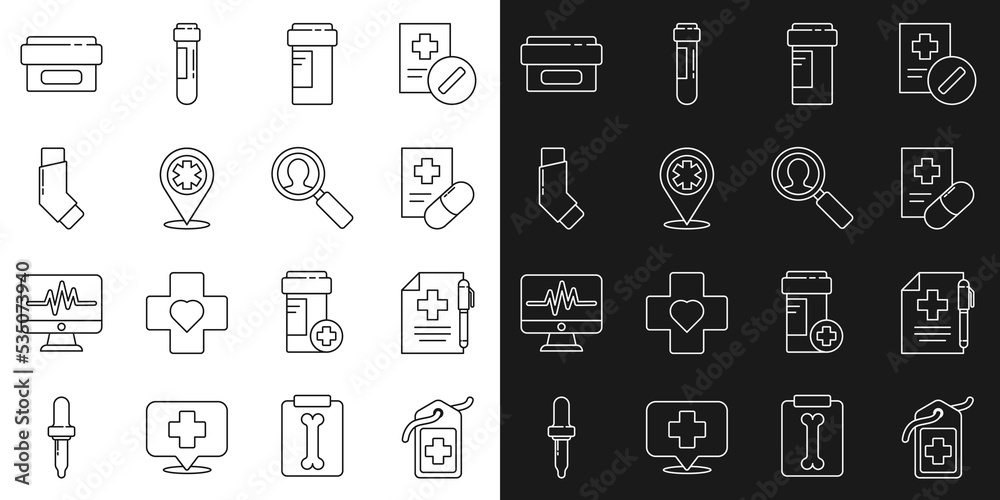 Set line Cross hospital medical tag, Medical prescription and pen, Medicine bottle, Map pointer with cross, Inhaler, Ointment cream tube medicine and analysis icon. Vector