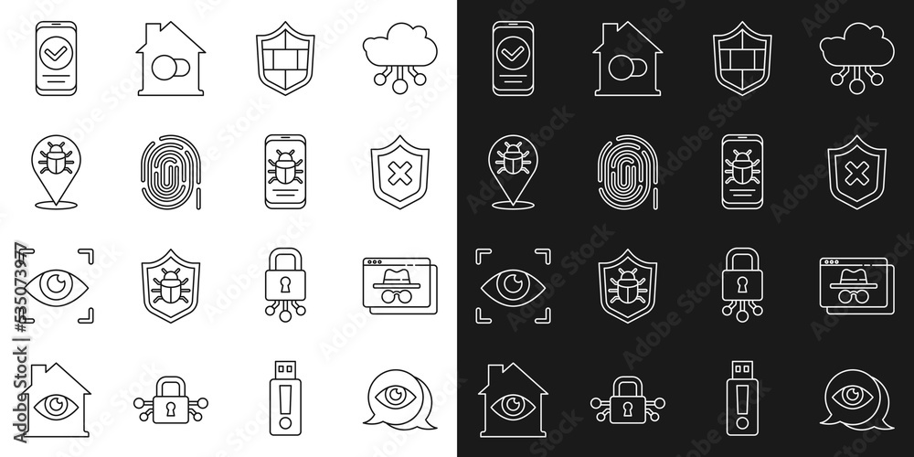 Set line Eye scan, Browser incognito window, Shield with cross mark, brick wall, Fingerprint, System bug, Smartphone and mobile icon. Vector