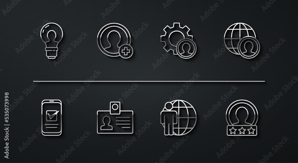 Set line Head with lamp bulb, Smartphone, Globe and people, hunting, Identification badge, Create account screen, and icon. Vector