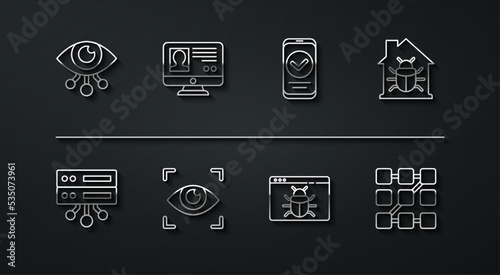 Set line Eye scan, Server, Data, Web Hosting, House system bug, System, Create account screen, Graphic password protection and Smartphone icon. Vector